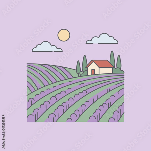 A peaceful lavender field with a small house