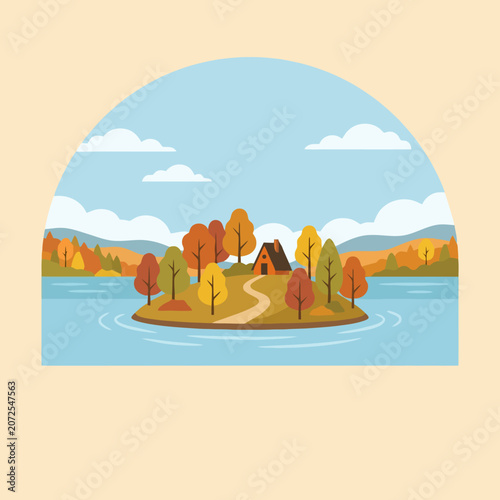 A small cabin sits on a quiet island in autumn