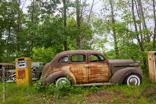 Lush green forest with classic old antique car with a vintage historic yellow gas pump in an artistic stilllife photograph