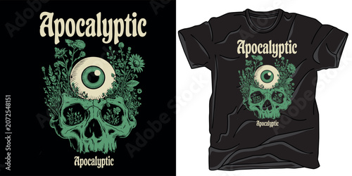 Foto Surreal skull illustration with blooming wildflowers and single green eyeball for apocalyptic streetwear design and gothic poster art