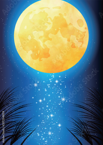 お月見背景、かわいい、イラスト、満月、十五夜、ススキ、天の川、縦