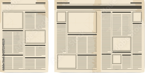 Vintage Retro Newspaper Template Vector Set with Blank Front Page and Open Spread Layout for News Article Media Publishing Designs