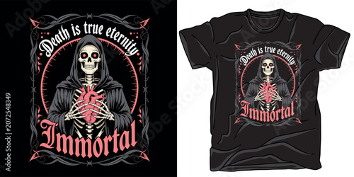 Obraz na plátně Grim reaper skeleton holding anatomical heart for immortal themed apparel design with gothic typography and barbed wire circular frame