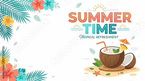 Summer time tropical refreshment scene with coconut drink on beach