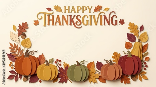 A Happy Thanksgiving celebration with pumpkins and leaves on a festive background