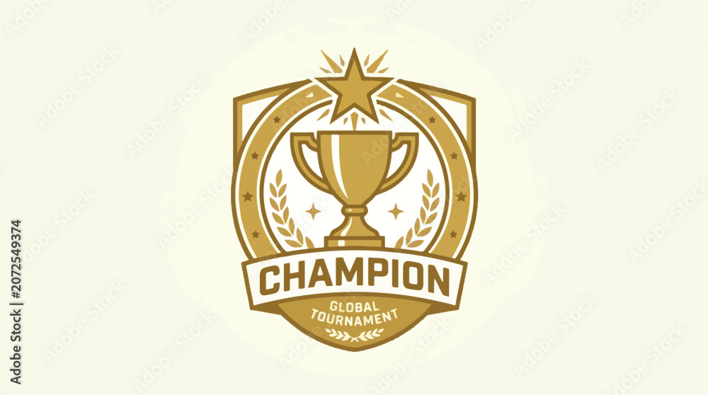 Fototapeta premium Golden champion sports logo with a trophy and star on a beige background, featuring a laurel wreath and banner