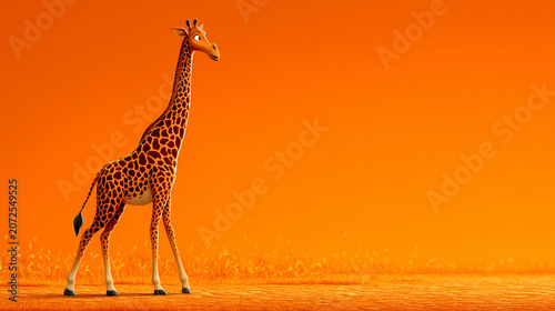 Single giraffe walking across a vast orange desert landscape with wildlife wilderness sunlight