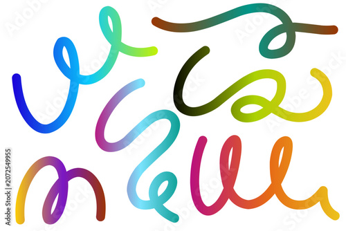 Abstract Gradient Color Line Set, Colorful Curved Scribble Stroke Collection, Spiral Rainbow Doodle Vector