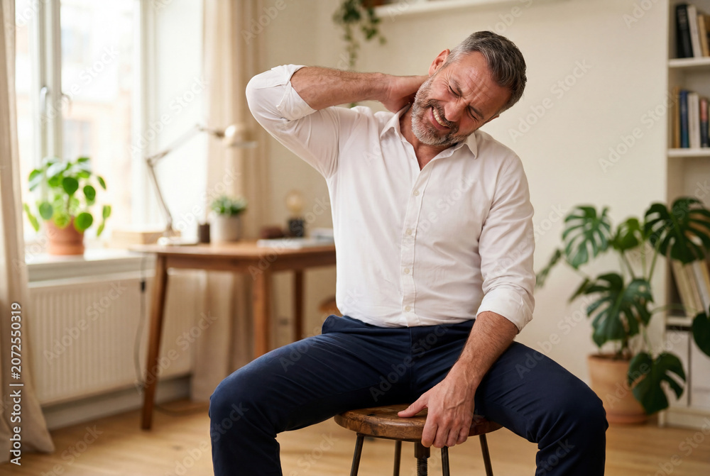 Fototapeta premium Middle aged man sitting on a wooden stool holding his neck in pain in a living room