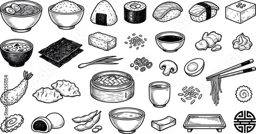 Photos Japanese cuisine sketch vector graphics for oriental gastropub menu packaging woodcut style illustration catalog website ui