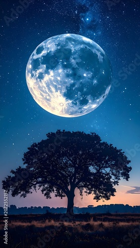 Large full moon shining brightly over silhouetted tree at night