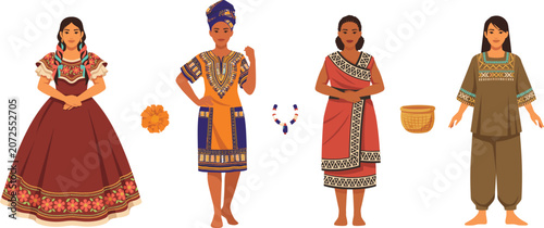 Foto Traditional Women Clothing and Folk Costume Set with Diverse Ethnic Clothes Incl