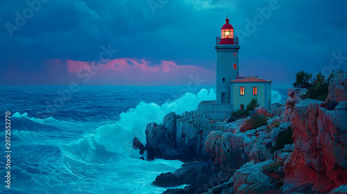Lighthouse on rocky coastline at dusk with stormy waves crashing lighthouse navigation