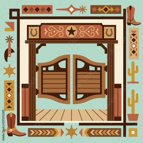 Foto Western saloon doors with rustic cowboy icons and frame