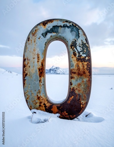 Large rusty metal number zero symbol outdoors in snowy landscape