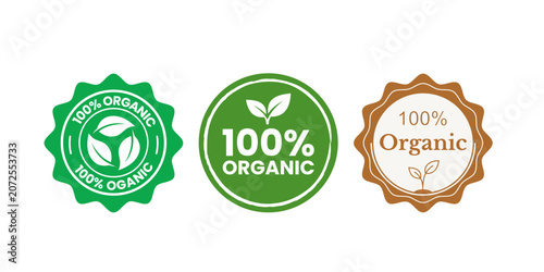 100% Organic Badge Set – Green Brown Natural Eco Certified Seal Label Stamp Flat Vector Illustration
