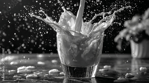 Milk being poured into a clear glass bowl creating a large splash on a black background