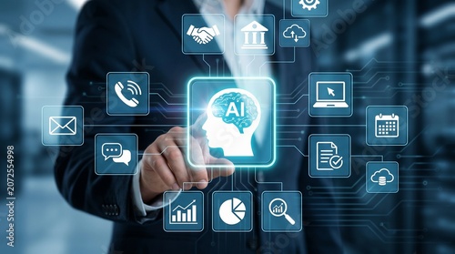 AI Agent and Integration for Autonomous Business Process Automation. Businessperson Tapping Artificial Intelligence Icon on Digital Screen.