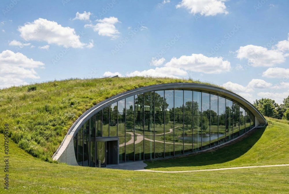 Fototapeta premium Modern library exterior featuring a green roof blending seamlessly into a lush hill