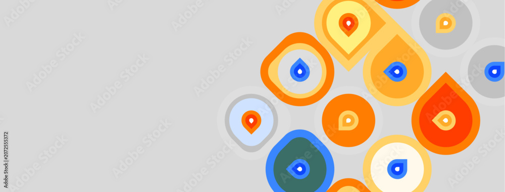 Fototapeta premium Abstract shapes, vibrant colors, overlapping circles. Design features orange, blue, yellow hues on gray background. Modern aesthetic.