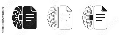 Artificial intelligence document processing icon set solid line and filled styles for data analysis