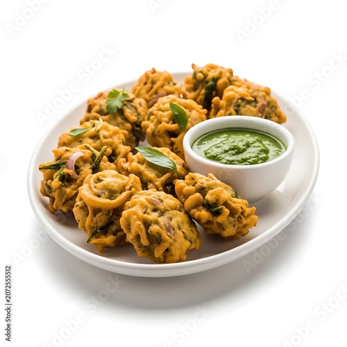 Fried pakora on plate with green chutney