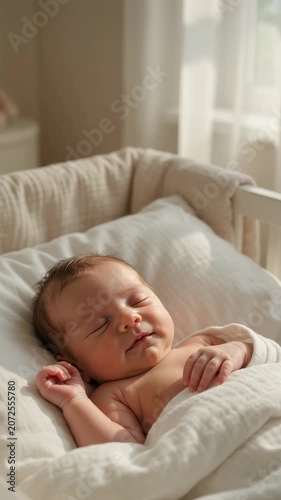Adorable newborn infant sleeping soundly in a cozy bassinet and smiling while dreaming. Vertical video