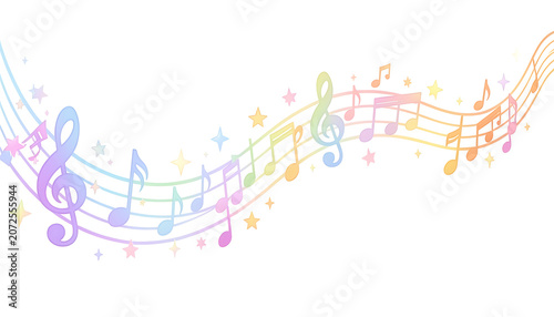 Pastel gradient music wave background with treble clef and stars