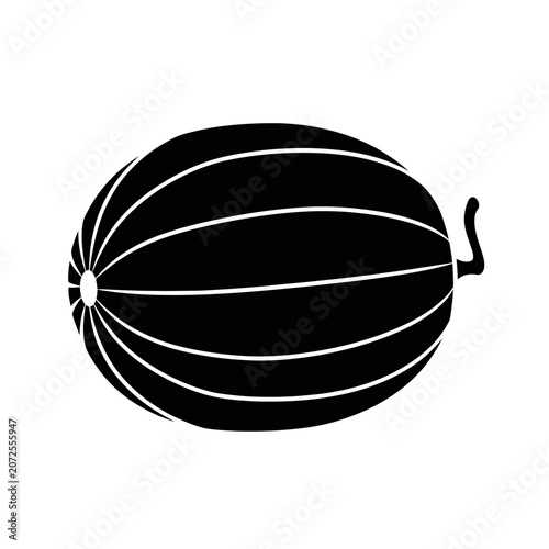 Minimalist black and white illustration of a striped watermelon with a curved stem