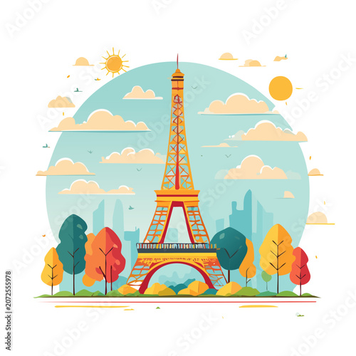 Flat illustration of Eiffel Tower with autumn trees and city skyline