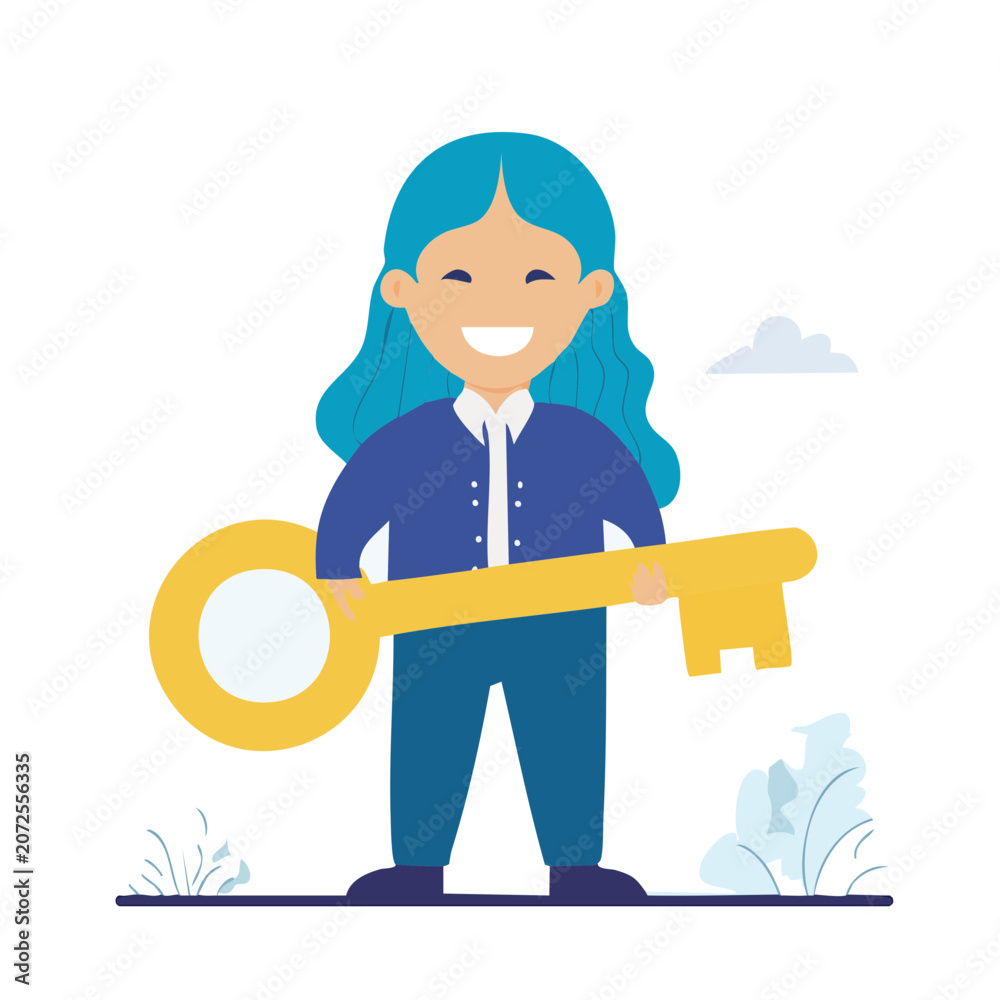 Naklejka premium Smiling woman with blue hair holding a large golden key