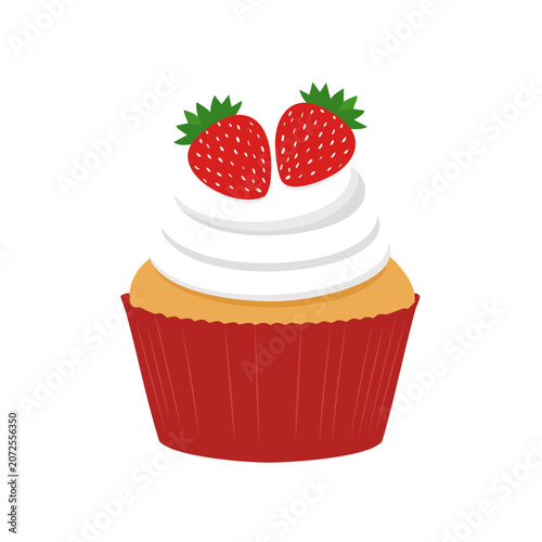 Strawberry Cupcake Flat Vector Illustration