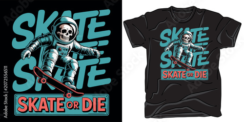 Photos Skate or die t shirt design with skull astronaut character riding skateboard on typography background vector graphic apparel print