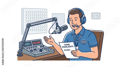 Bild auf Leinwand Sports Radio Broadcaster with Microphone and Mixing Console Vector Illustration