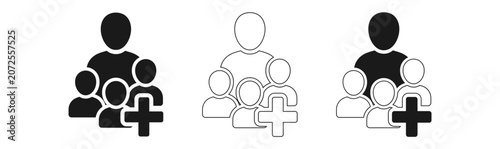 Healthcare team icon set doctor with patients black and white line art variations for medical graphics