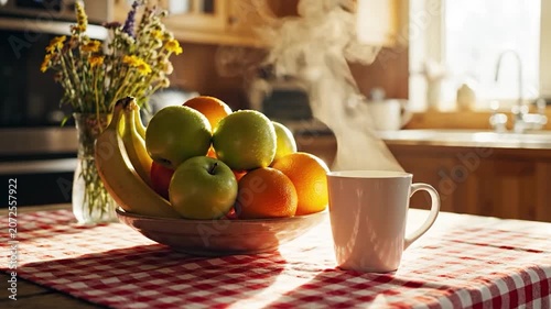 Fresh fruit bowl and steaming coffee on a sunny table