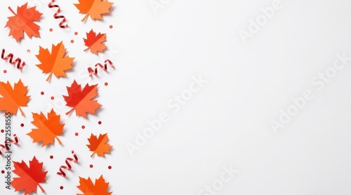 Autumn background with decorative paper maple leaves, confetti, and ribbons, isolated on white background