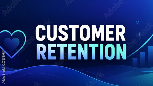 Blue digital customer retention concept banner with bold text, heart icon, growth chart, and modern wave graphics for marketing and CRM themes.