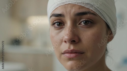 Sad young woman with head bandage looking at camera