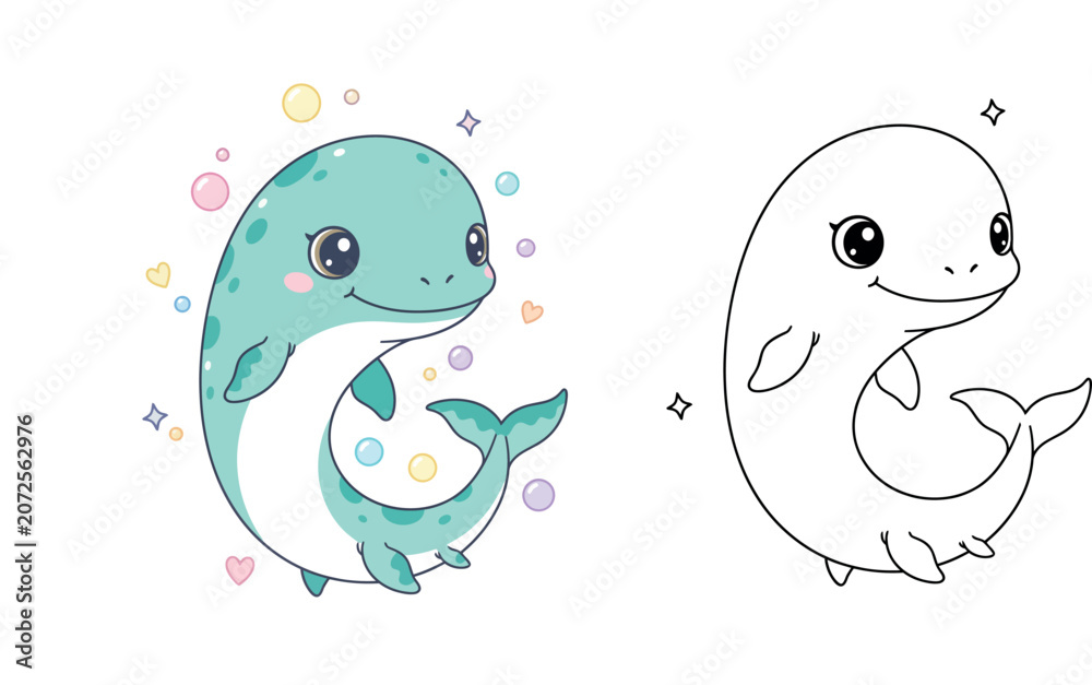Obraz premium Adorable Kawaii Dolphin Bubbles Coloring Page