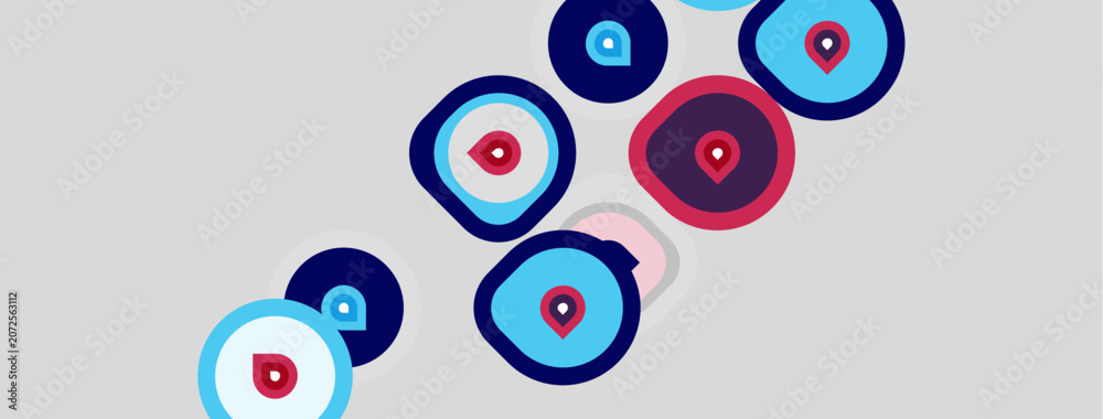 Fototapeta premium Abstract design features overlapping circles, various shades blue, purple, pink. Circles contain smaller dot centers, creating eyelike patterns.