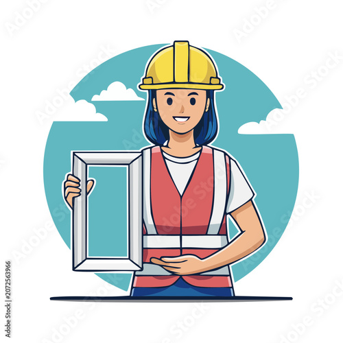 Smiling female construction worker holding picture frame