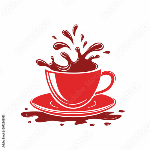 Red coffee cup with splash and saucer