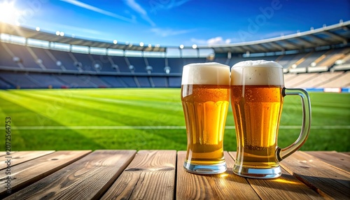 Two foamy beers sit on a wood table, overlooking a stadium