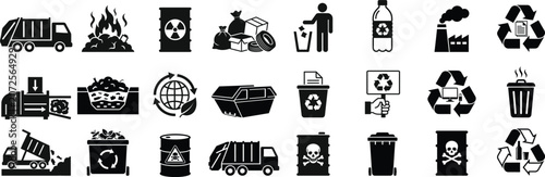 Environmental pollution control eco friendly recycling and industrial trash symbols vector collection