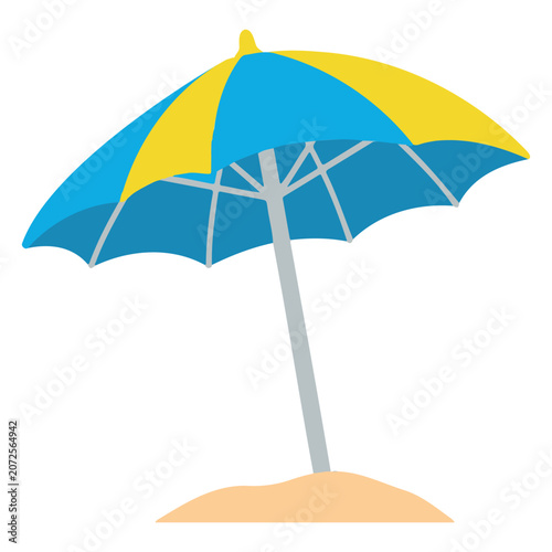 A colorful beach umbrella on sandy ground, isolated on white background, vector illustration.