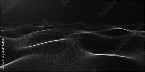 Fotografie Abstract digital ocean waves in a monochrome aesthetic, with subtle white light reflecting on undulating surfaces, creating a sense of depth and mystery