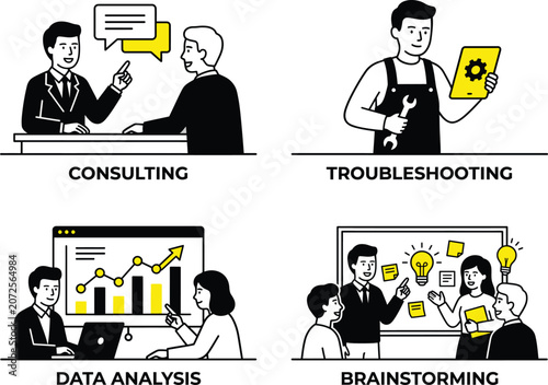 Business consulting brainstorming troubleshooting and financial data analysis vector concept set