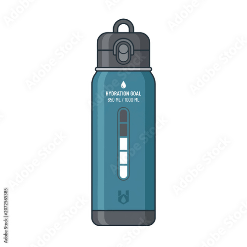 Reusable sports water bottle with hydration goal tracker, blue vacuum insulated flask vector, refillable fitness drink container for gym and hiking
