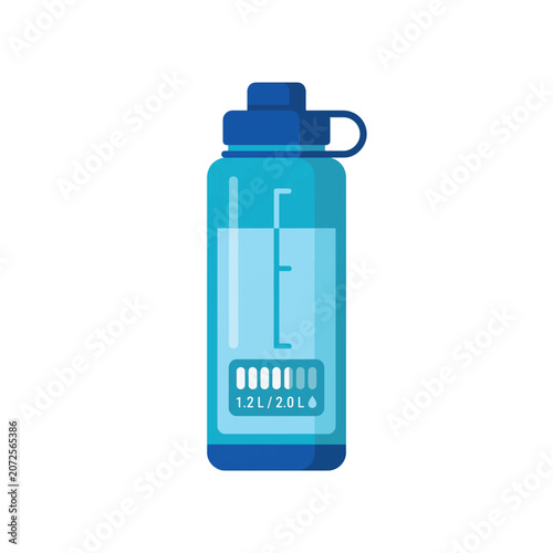 Reusable blue sports water bottle with 2.0L capacity scale, flat vector illustration of a plastic hydration flask for fitness and gym use